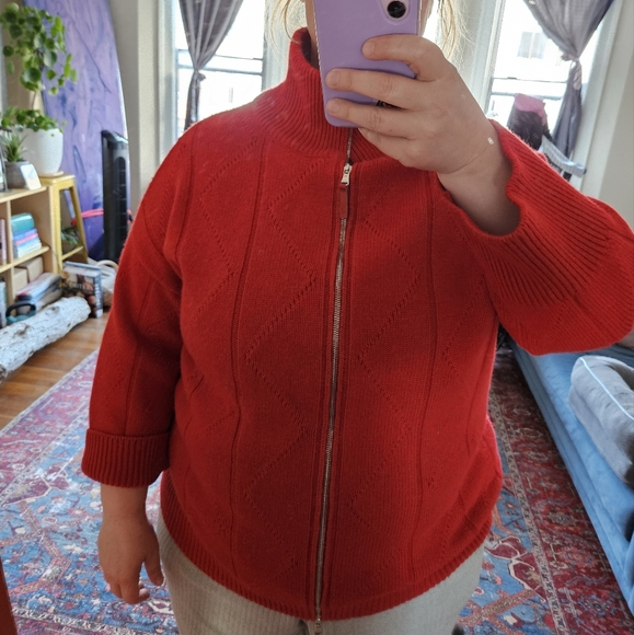 Rani Arabella 100% Cashmere Red Knit Full Zip Cardigan Sweater | sz XL - Picture 9 of 10